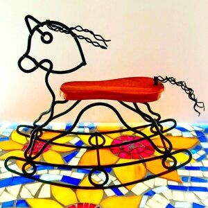 ROCKING HORSE HOME DECOR ITEM * OAK SADDLE WITH BLACK WIRE BODY * BRAND NEW!